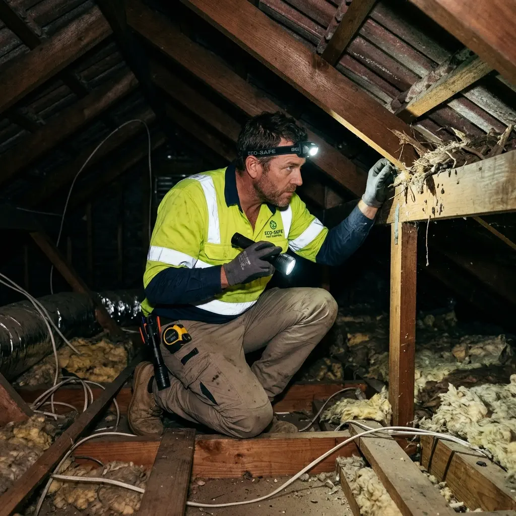 Technician inspecting a roof cavity for a dead animal in Aspendale
