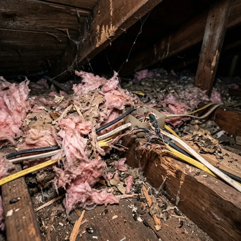 Contaminated ceiling insulation being assessed in a Aspendale roof space